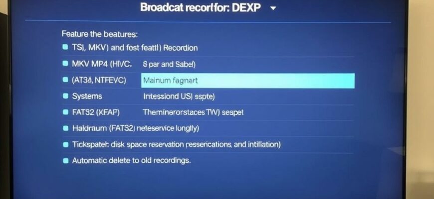 Настройка ТВ на телевизорах DEXP: особенности работы с функцией записи эфира, ограничения по форматам (TS, MKV, MP4, HEVC), файловым системам (FAT32, NTFS, exFAT), максимальной длине фрагмента, резервированию места и автоматическому удалению старых записей